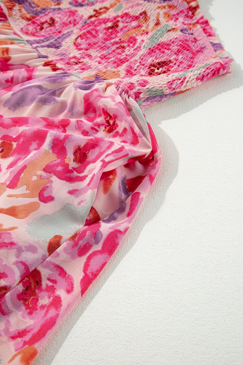 Pink Abstract Floral Print Shirred One Shoulder Maxi Dress