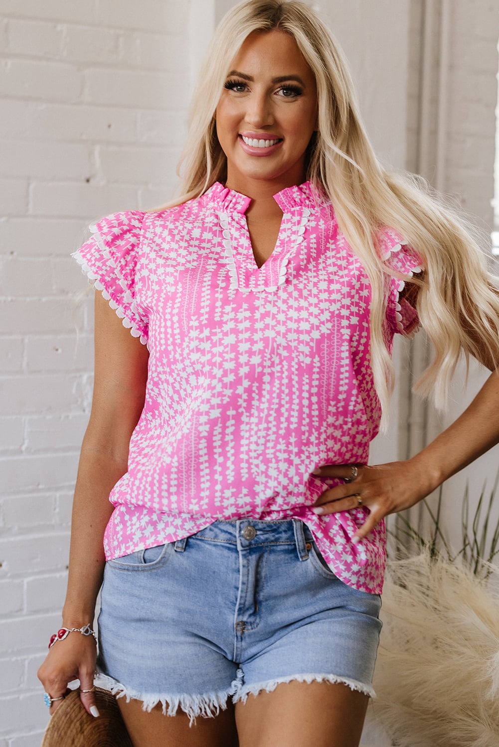 Pink Abstract Print Ric Rac Trim Flutter Sleeve Notch V Neck Blouse