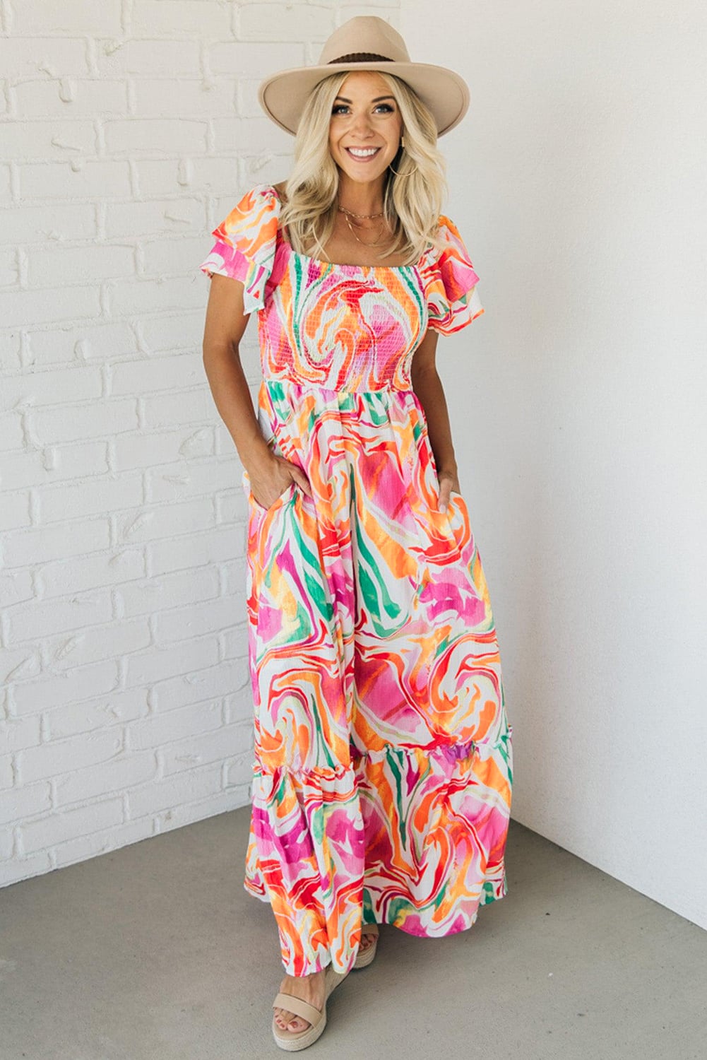 Pink Abstract Print Ruffled Sleeve Smocked Bust Maxi Dress