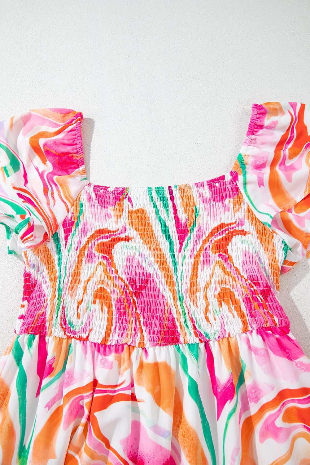 Pink Abstract Print Ruffled Sleeve Smocked Bust Maxi Dress