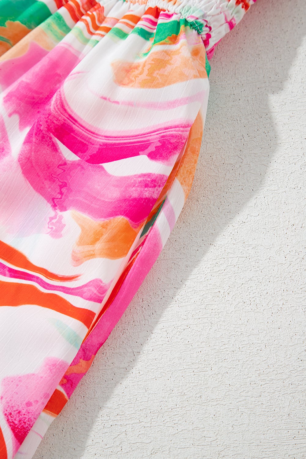 Pink Abstract Print Ruffled Sleeve Smocked Bust Maxi Dress