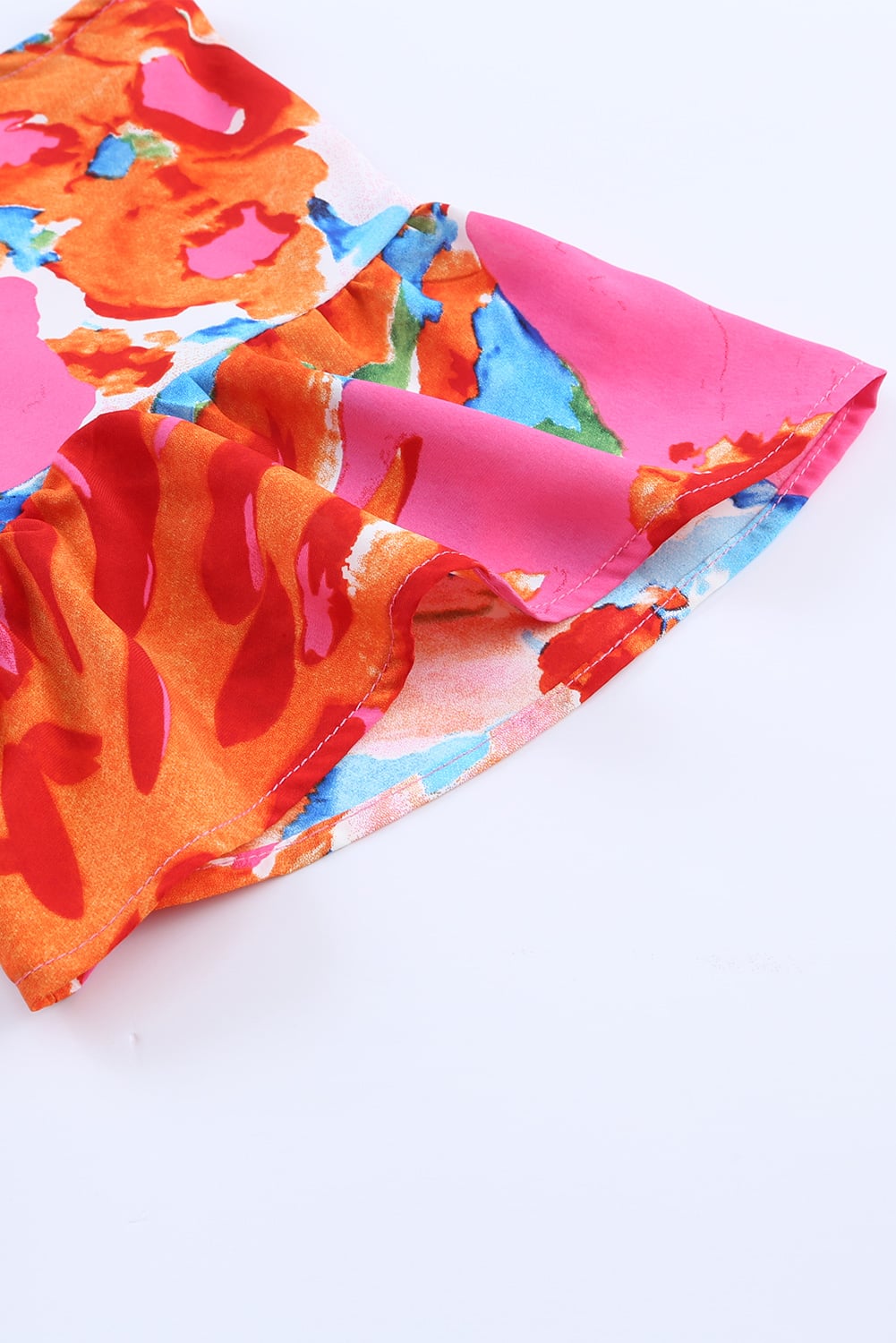 Pink Abstract Print V Neck Flutter Sleeve Blouse