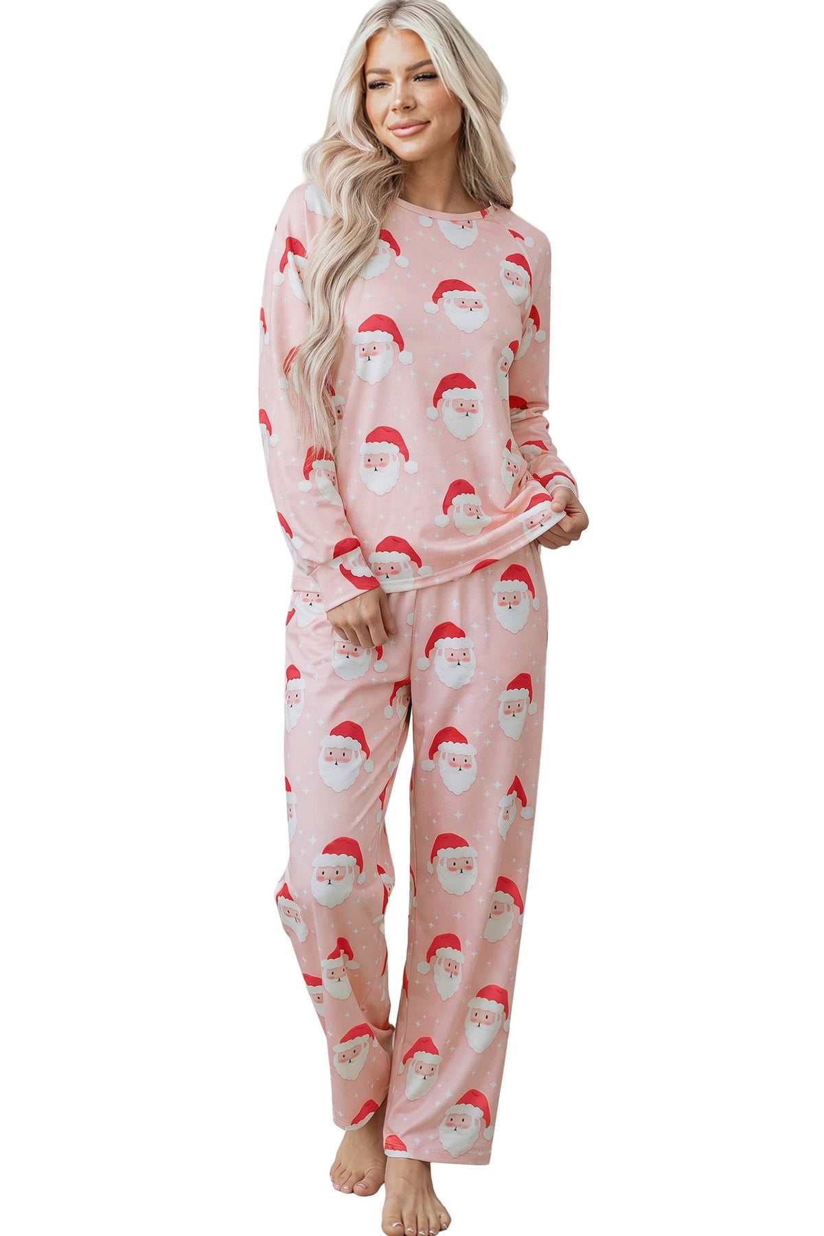 Pink Abstract Santa Pattern Long Sleeve Two Piece Shift Lounge Set