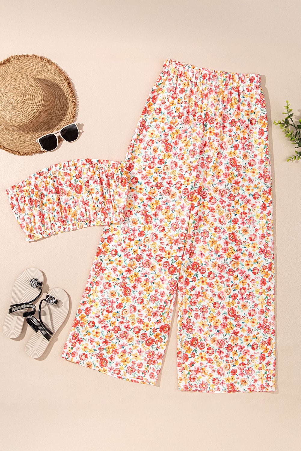 Pink Boho Floral Bandeau Top and High Waist Wide Leg Pants Set
