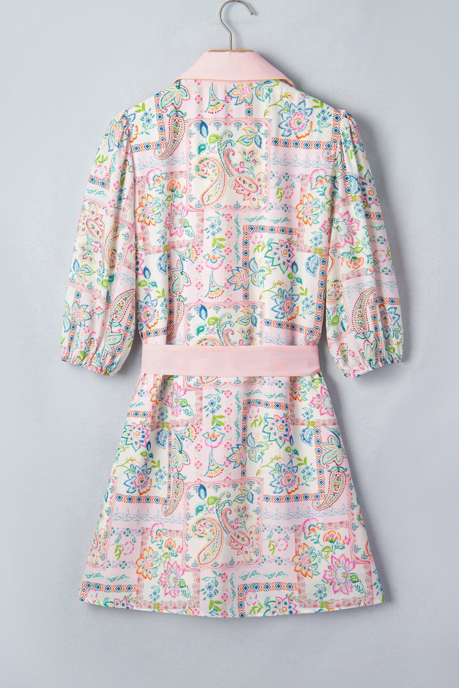 Pink Boho Floral Print Color Block Trim Half Button Belted Mini Dress