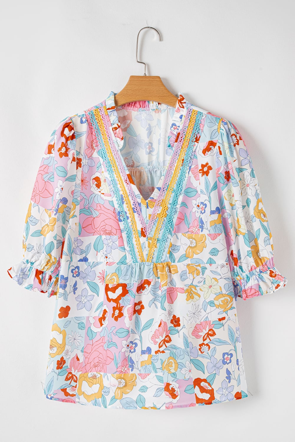 Pink Boho Flower Print Half Puff Sleeve Blouse