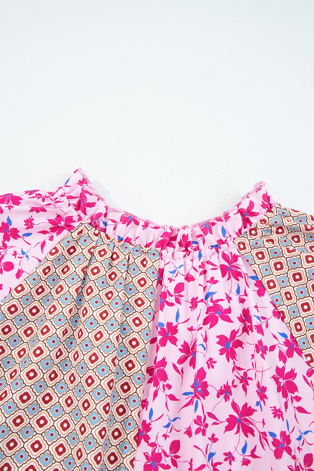 Pink Boho Mixed Floral Drop Shoulder Bubble Sleeve Blouse