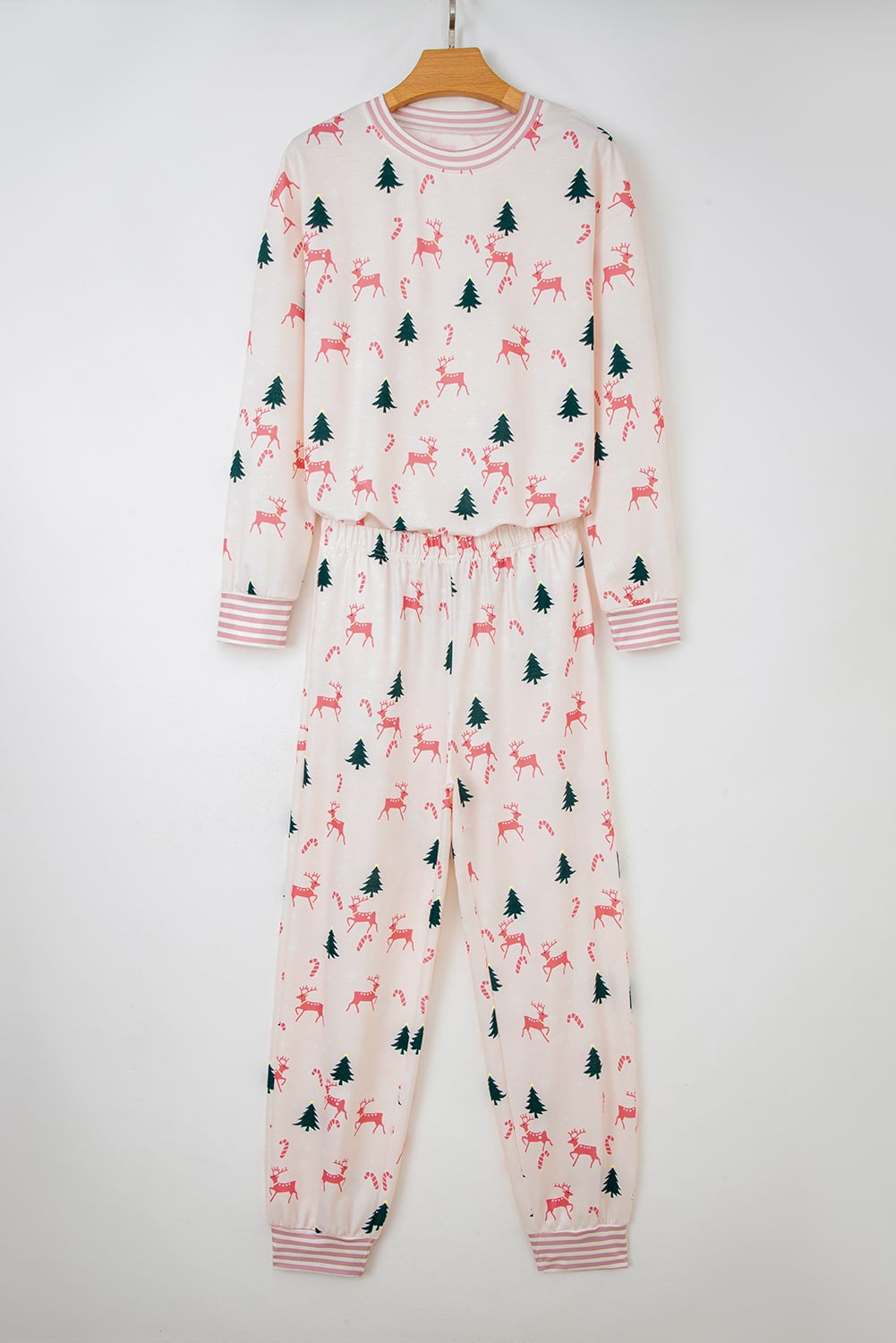 Pink Bow Christmas Tree Print Contrast Striped Banding 2pcs Lounge Set