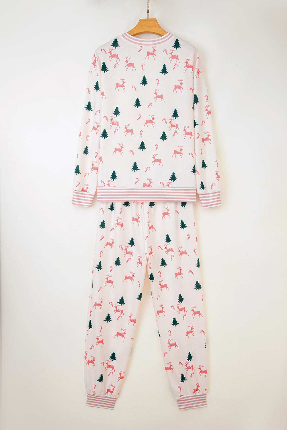 Pink Bow Christmas Tree Print Contrast Striped Banding 2pcs Lounge Set