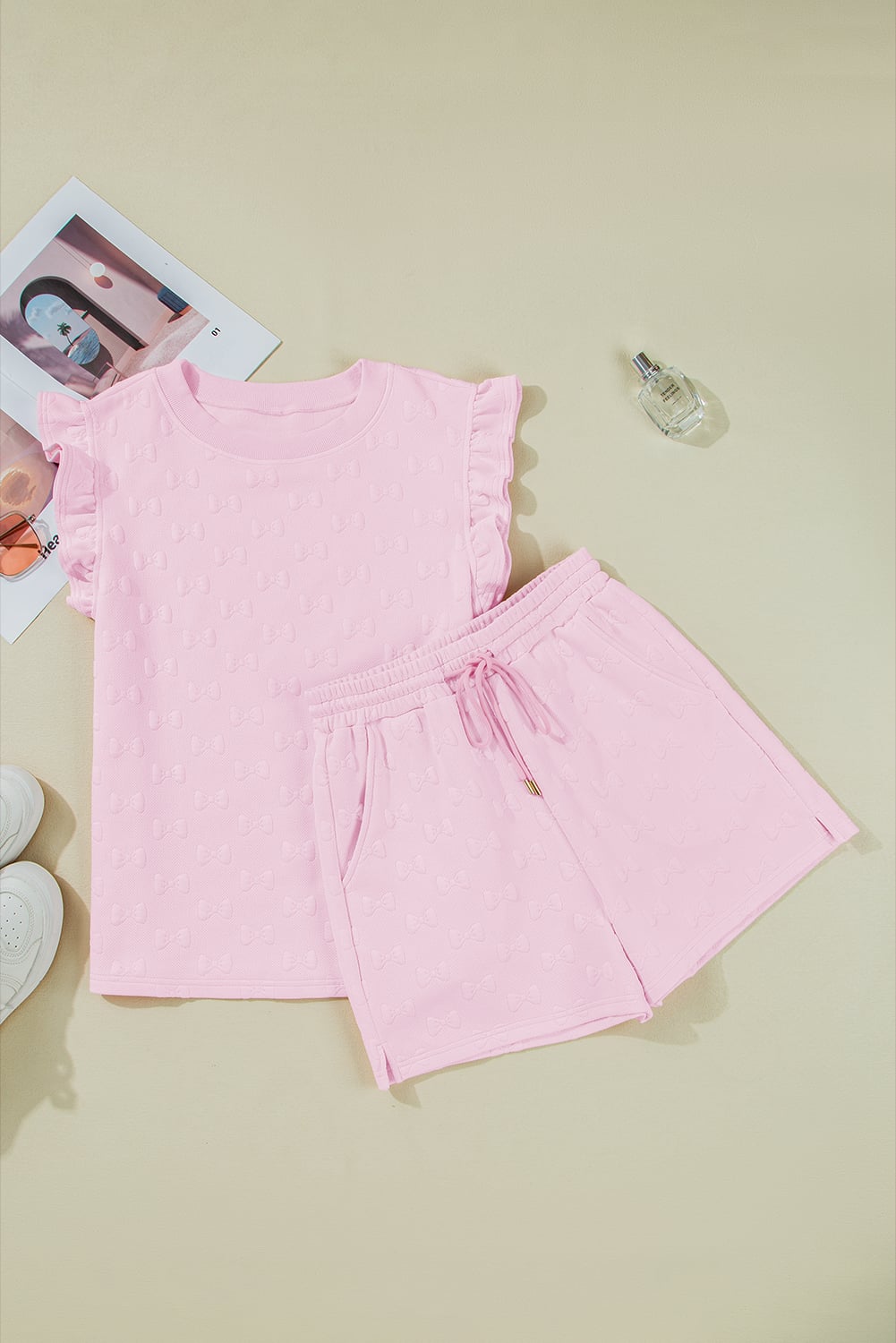 Pink Bow Jacquard Ruffle Sleeve Short 2pcs Outfit