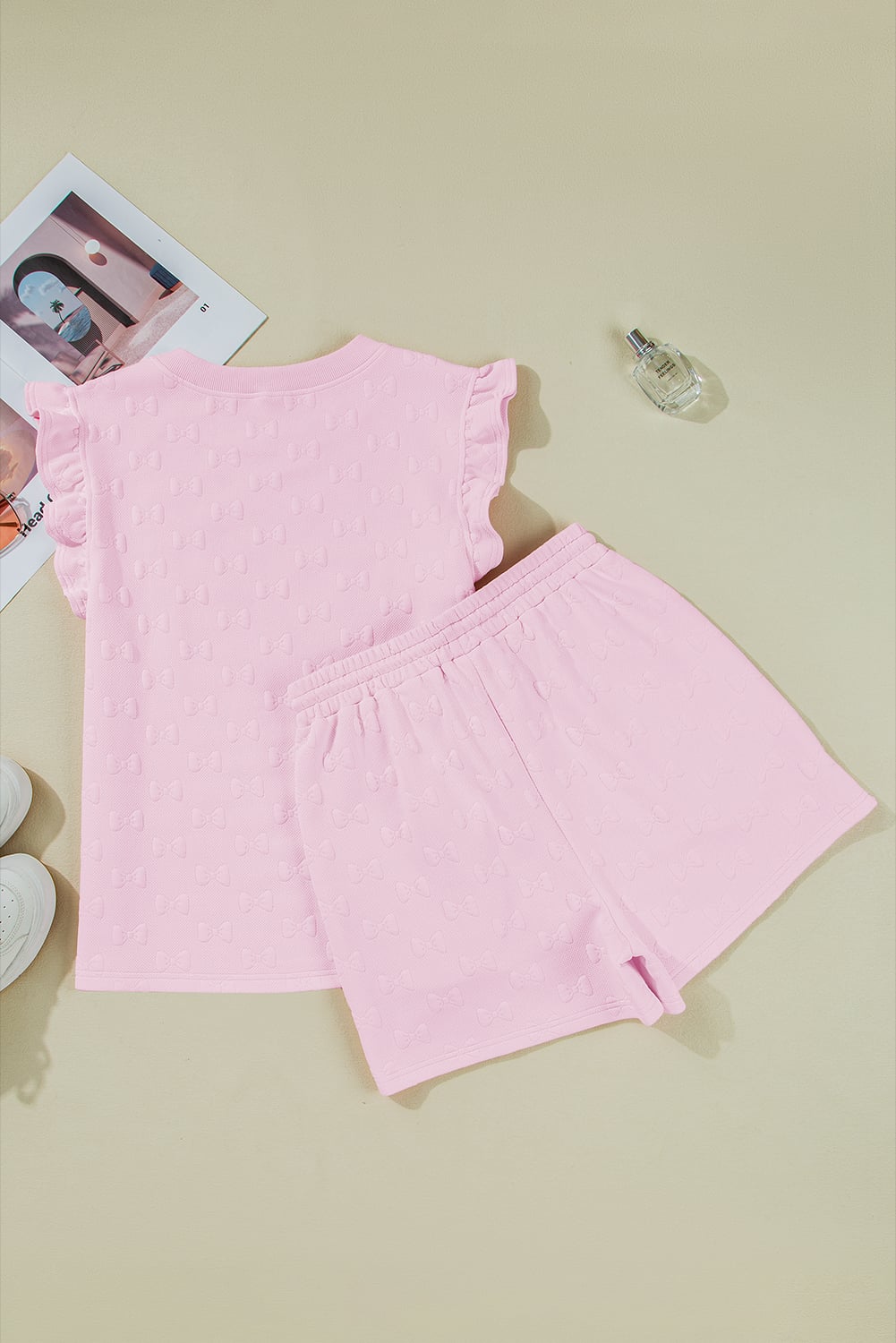 Pink Bow Jacquard Ruffle Sleeve Short 2pcs Outfit