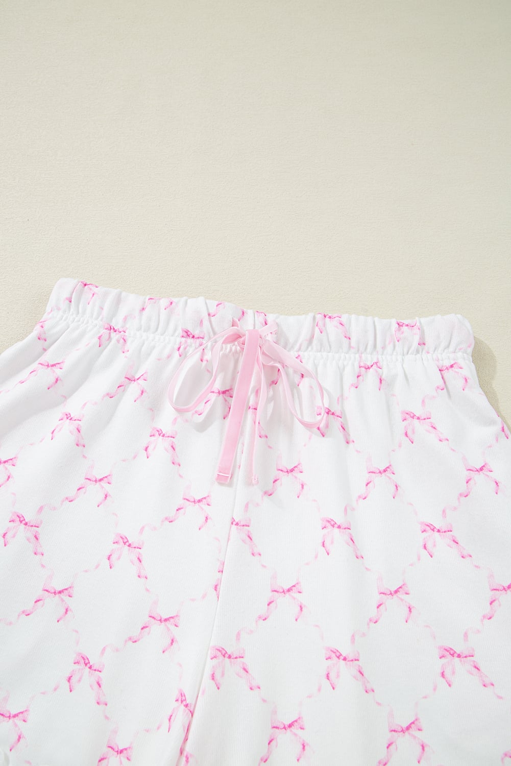Pink Bow Knot Geometric Print Lettuce Trim Two Piece Lounge Set