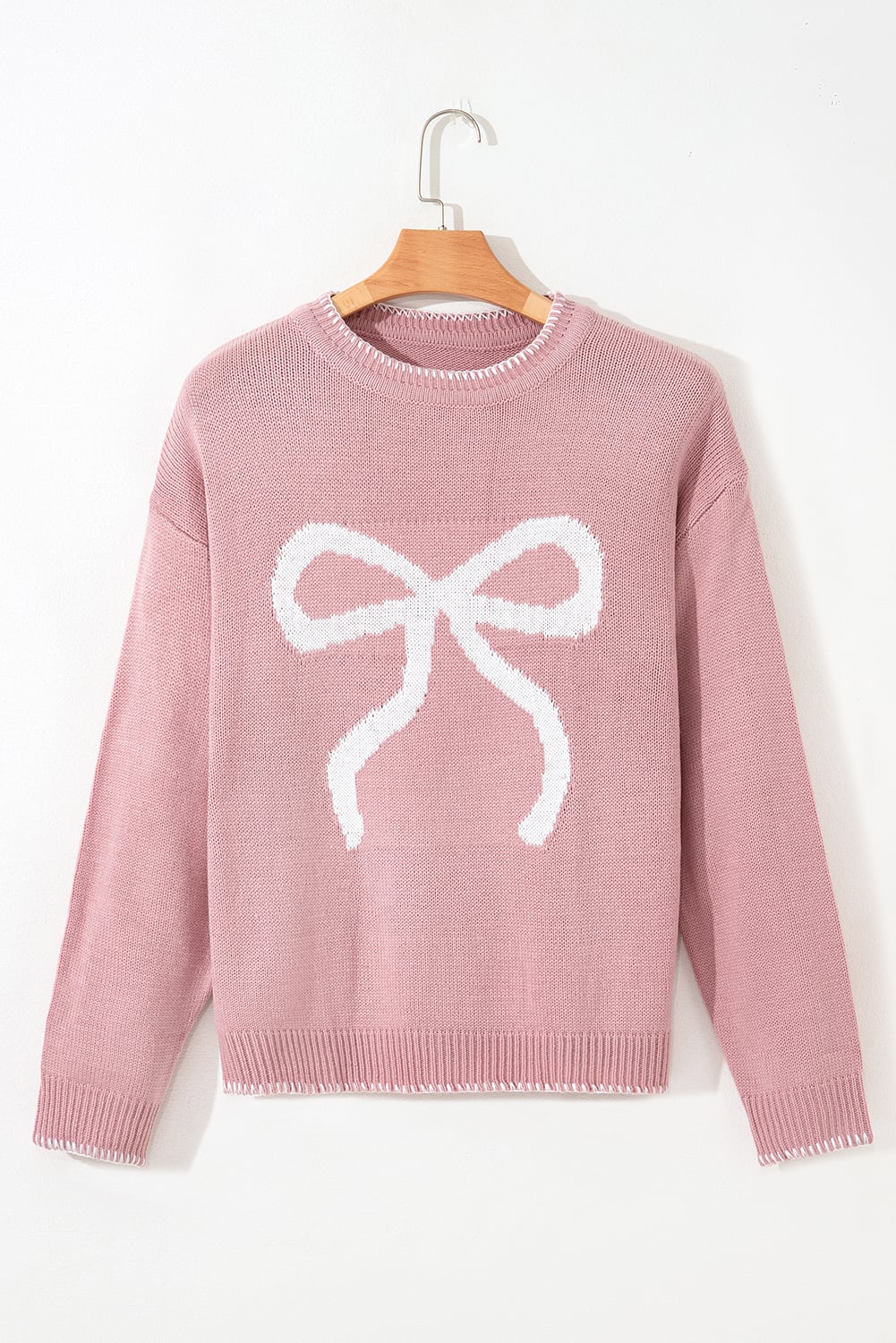 Pink Bow Pattern Contrast Trim Christmas Loose Graphic Sweater