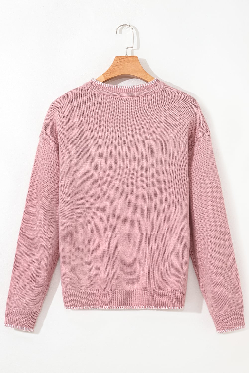Pink Bow Pattern Contrast Trim Christmas Loose Graphic Sweater
