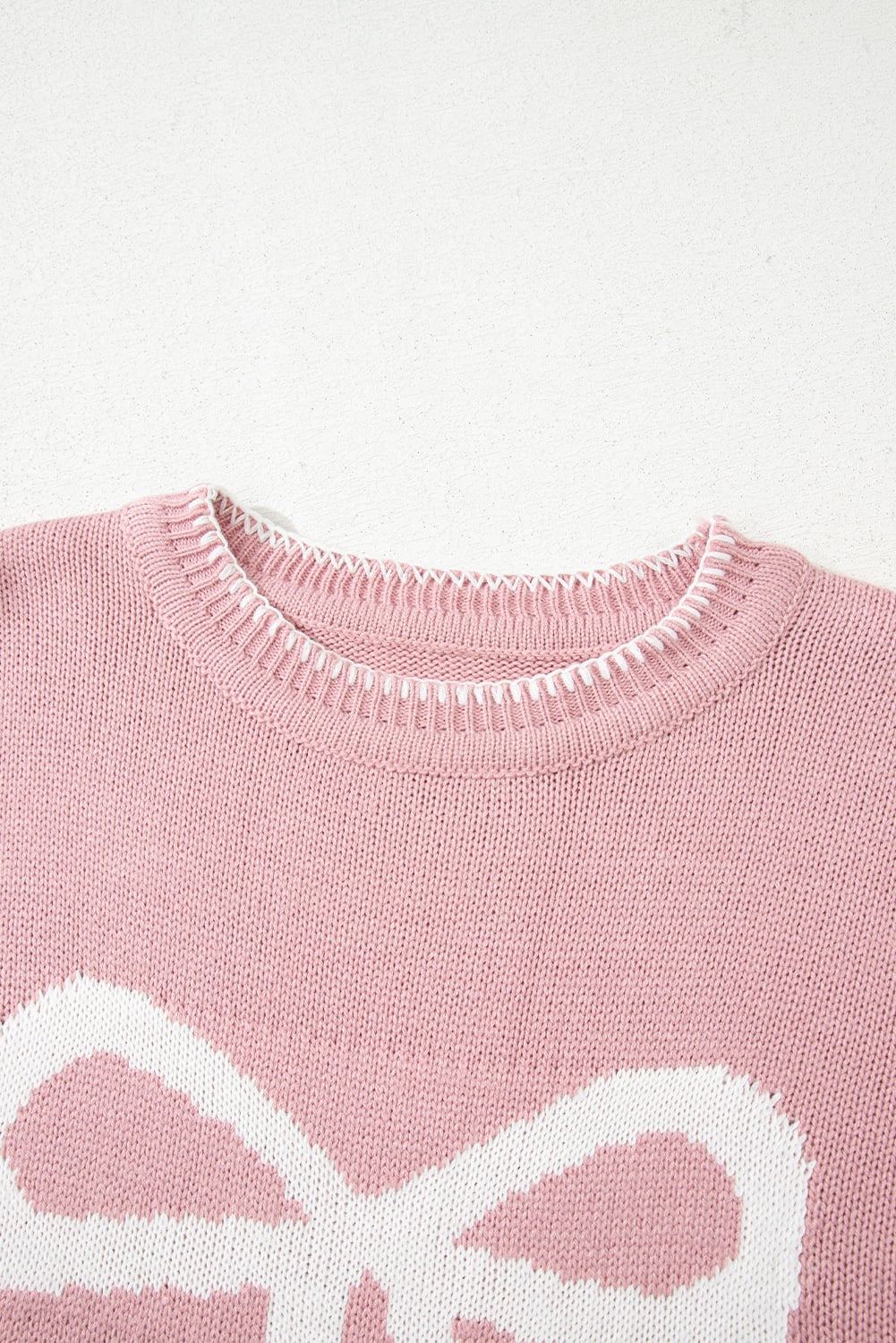 Pink Bow Pattern Contrast Trim Christmas Loose Graphic Sweater