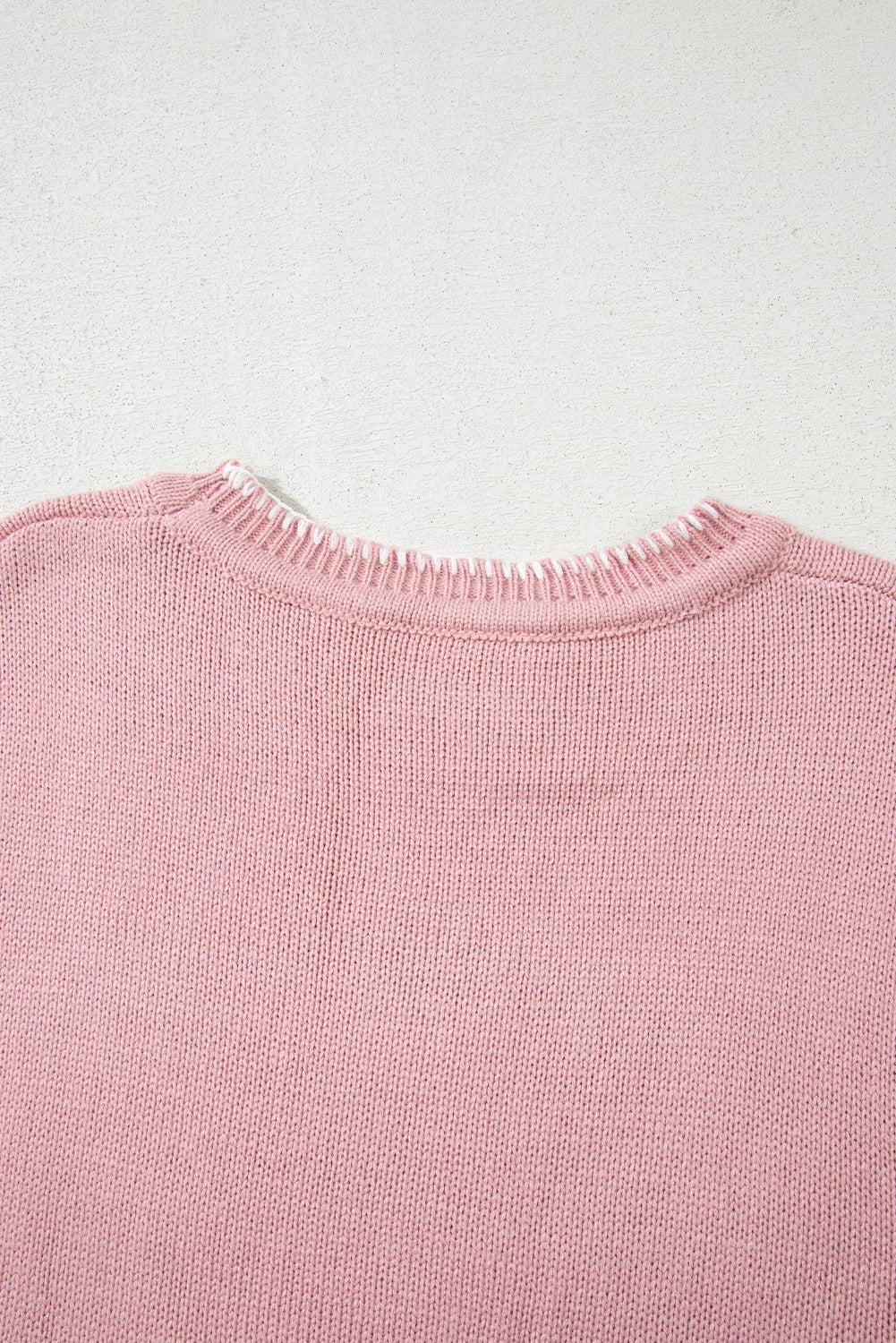 Pink Bow Pattern Contrast Trim Christmas Loose Graphic Sweater