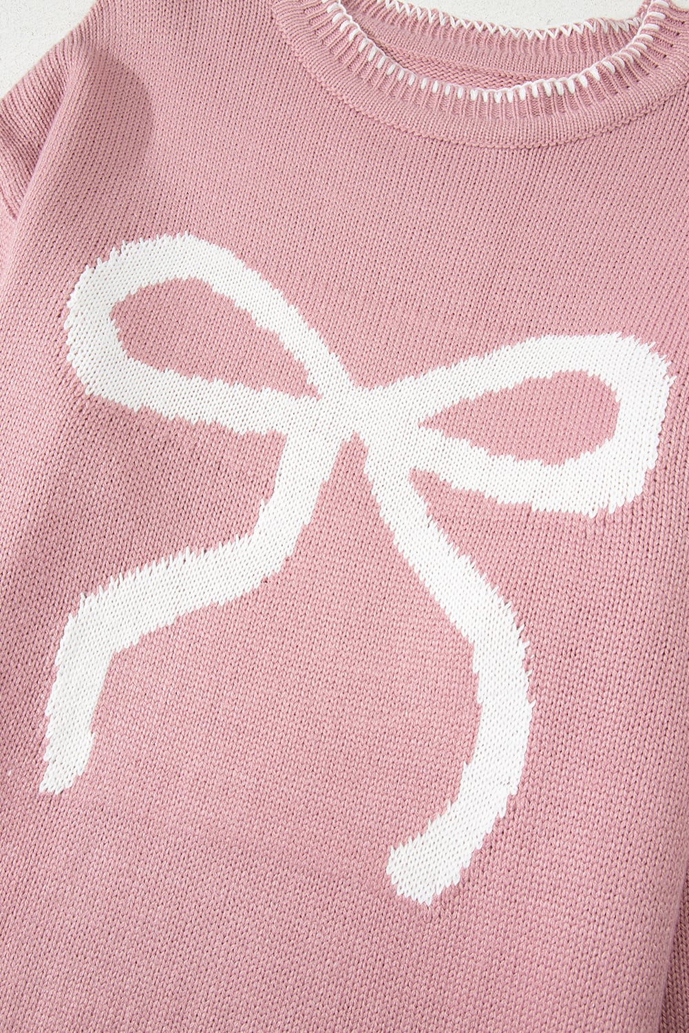 Pink Bow Pattern Contrast Trim Christmas Loose Graphic Sweater