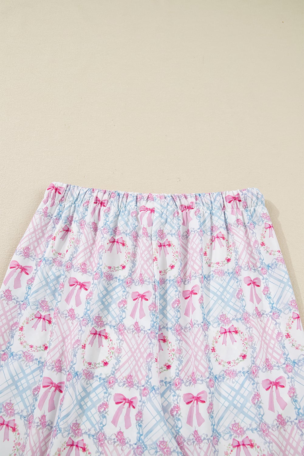 Pink Bow Wreath Pattern Christmas Holiday Tied Front Long Sleeve 2pcs Pajama Set