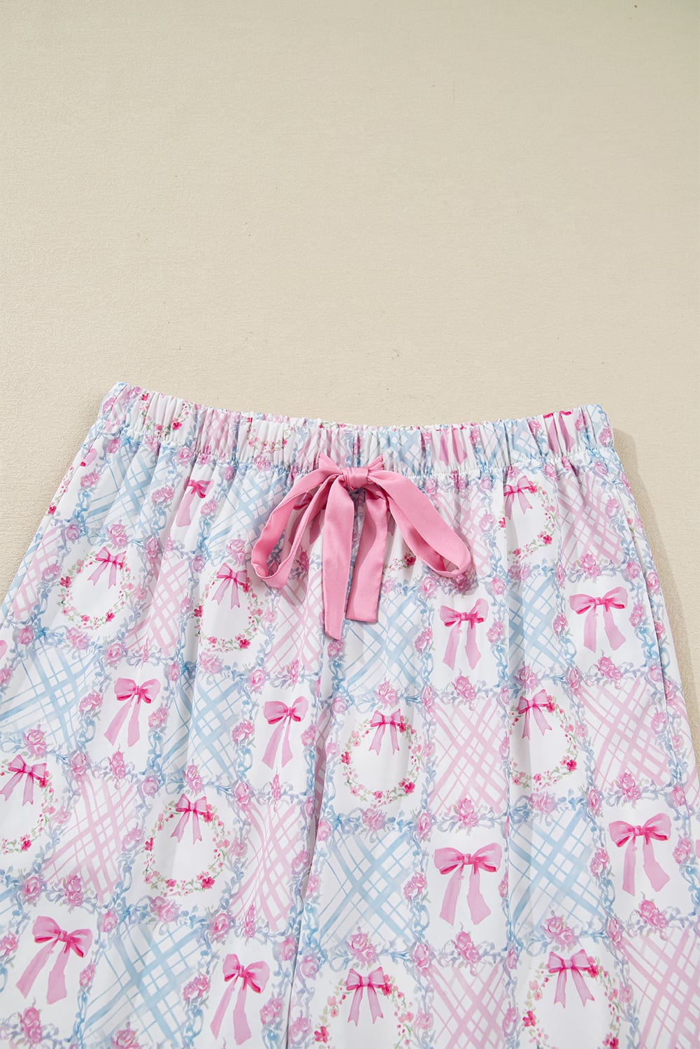 Pink Bow Wreath Pattern Christmas Holiday Tied Front Long Sleeve 2pcs Pajama Set