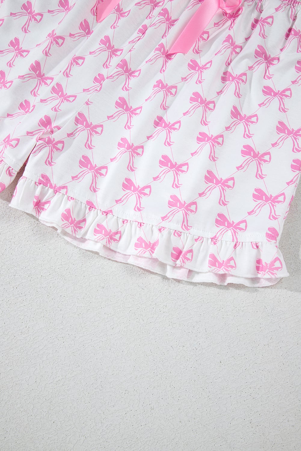 Pink Bowknot Printed Short Sleeve and Ruffled Shorts Pajama Set