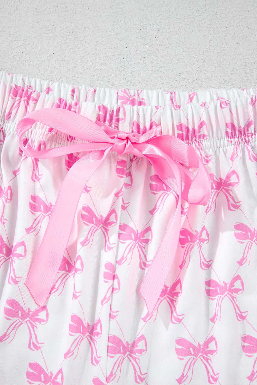 Pink Bowknot Printed Short Sleeve and Ruffled Shorts Pajama Set