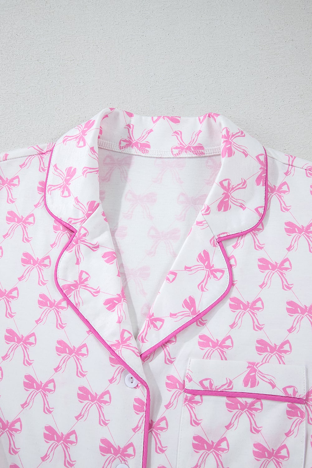 Pink Bowknot Printed Short Sleeve and Ruffled Shorts Pajama Set