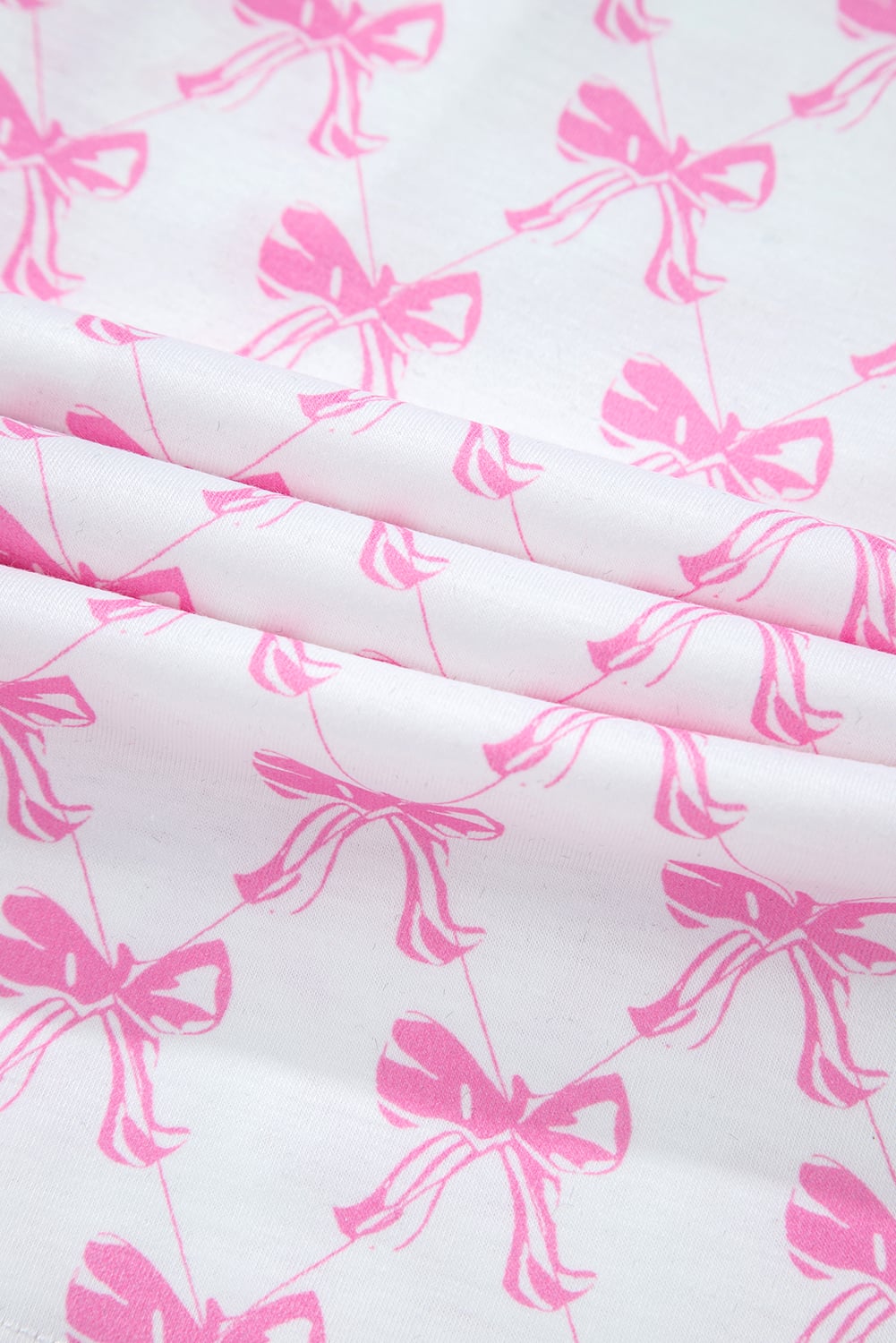 Pink Bowknot Printed Short Sleeve and Ruffled Shorts Pajama Set