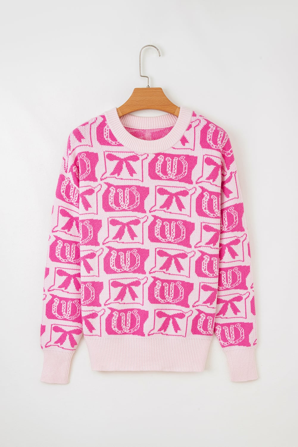 Pink Bows & Horseshoes Pattern Western Fashion Print Sweater