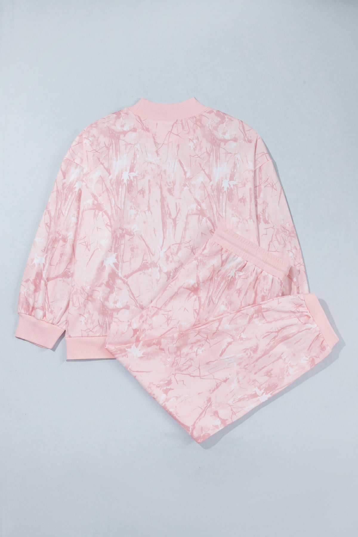Pink Camouflage Print Stand Neck Long Sleeve Regular Fit Plus Size Set
