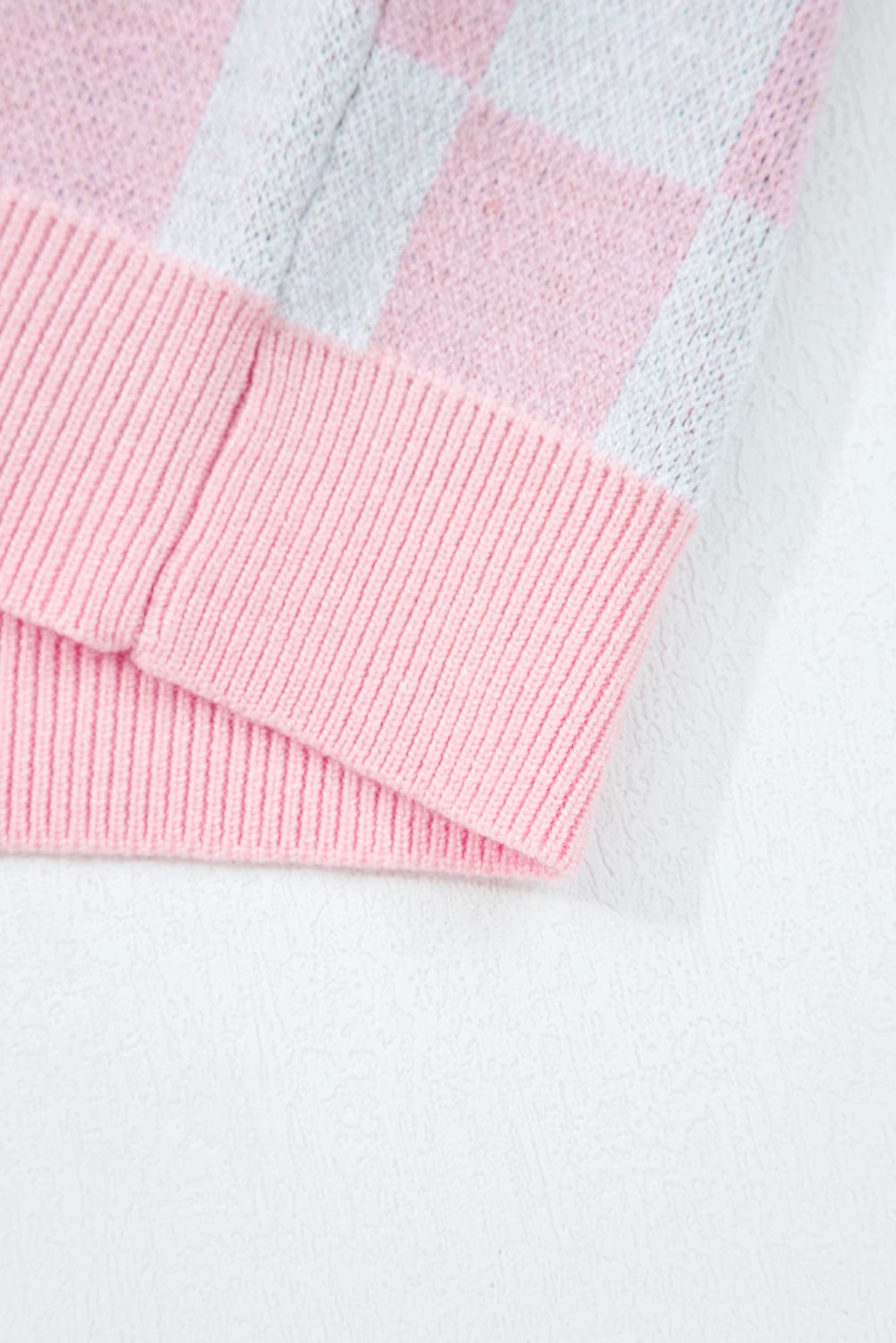 Pink Checkered Christmas Tree Pattern Button V Neck Cardigan Sweater