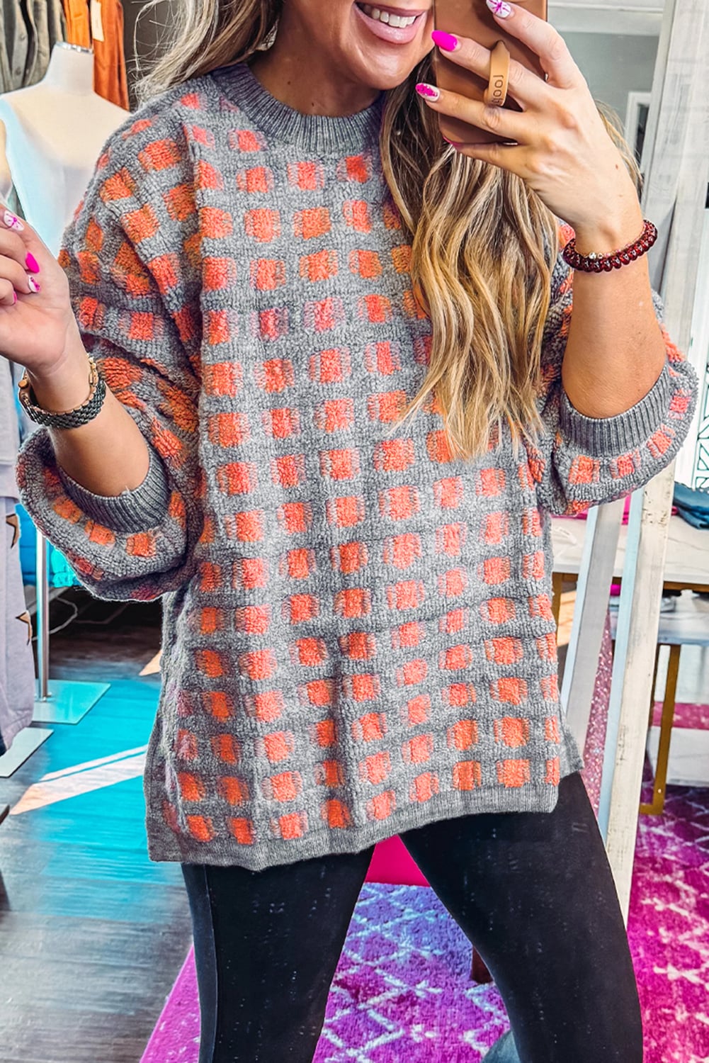 Pink Checkered Oversized Side Slit Sweater
