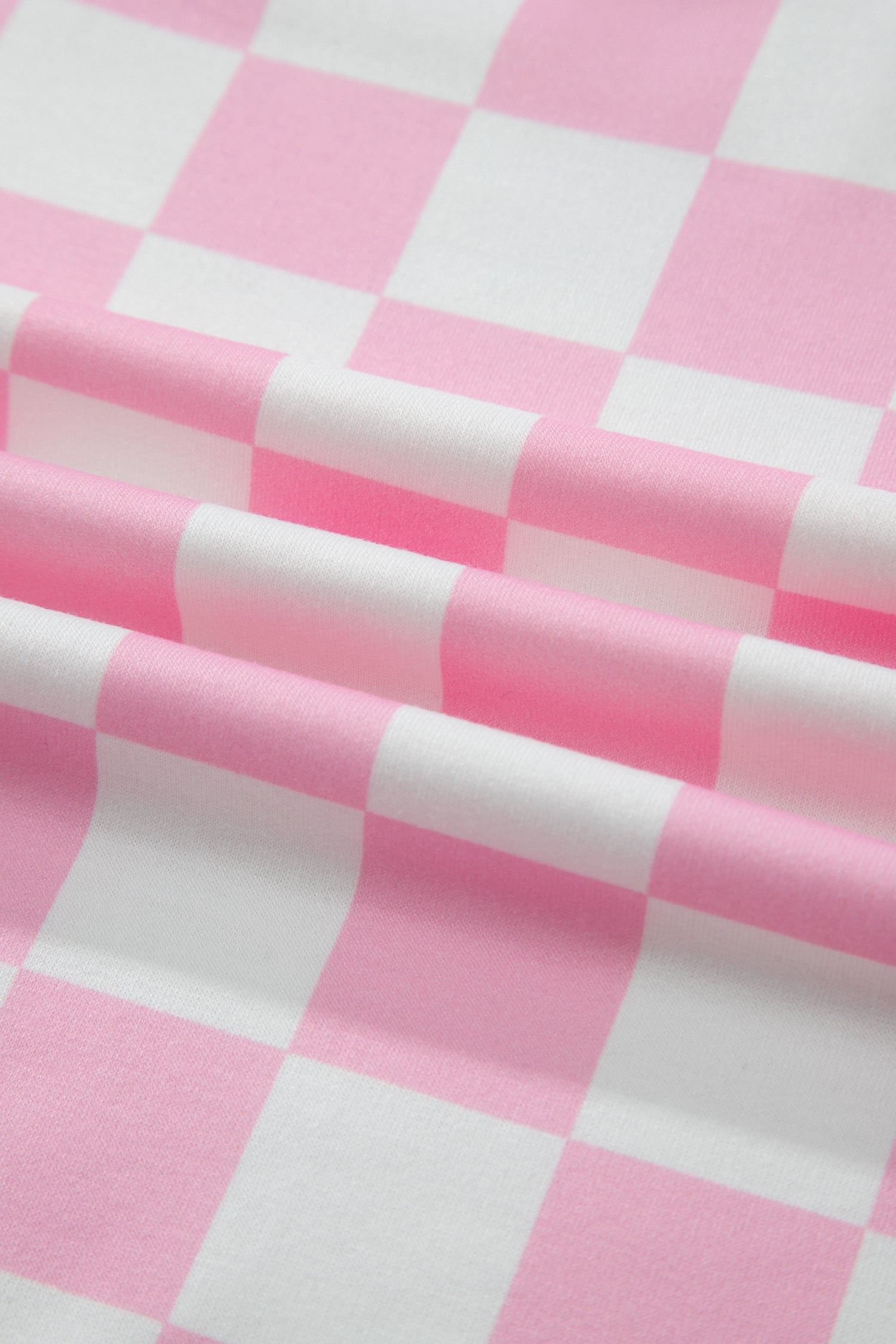 Pink Checkered Print Color Block Trim Mock Neck Short Set