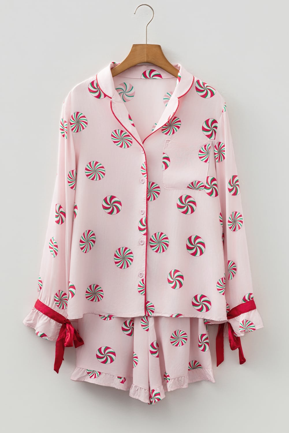 Pink Christmas Candy Contrast Trim Bow Knot Silky 2pcs Pajama Set