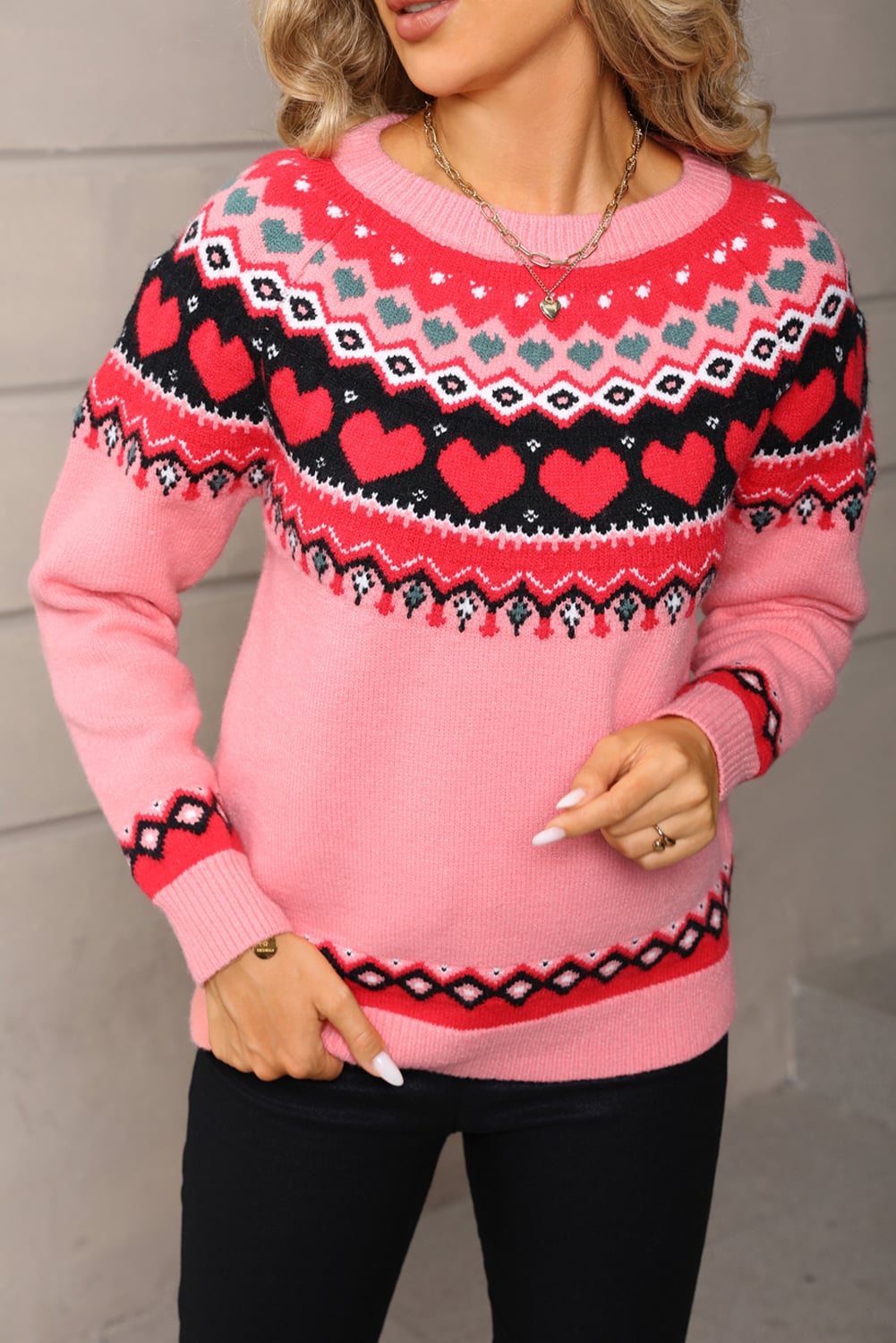 Pink Christmas Geometry Sweet Heart Print Womens Sweater