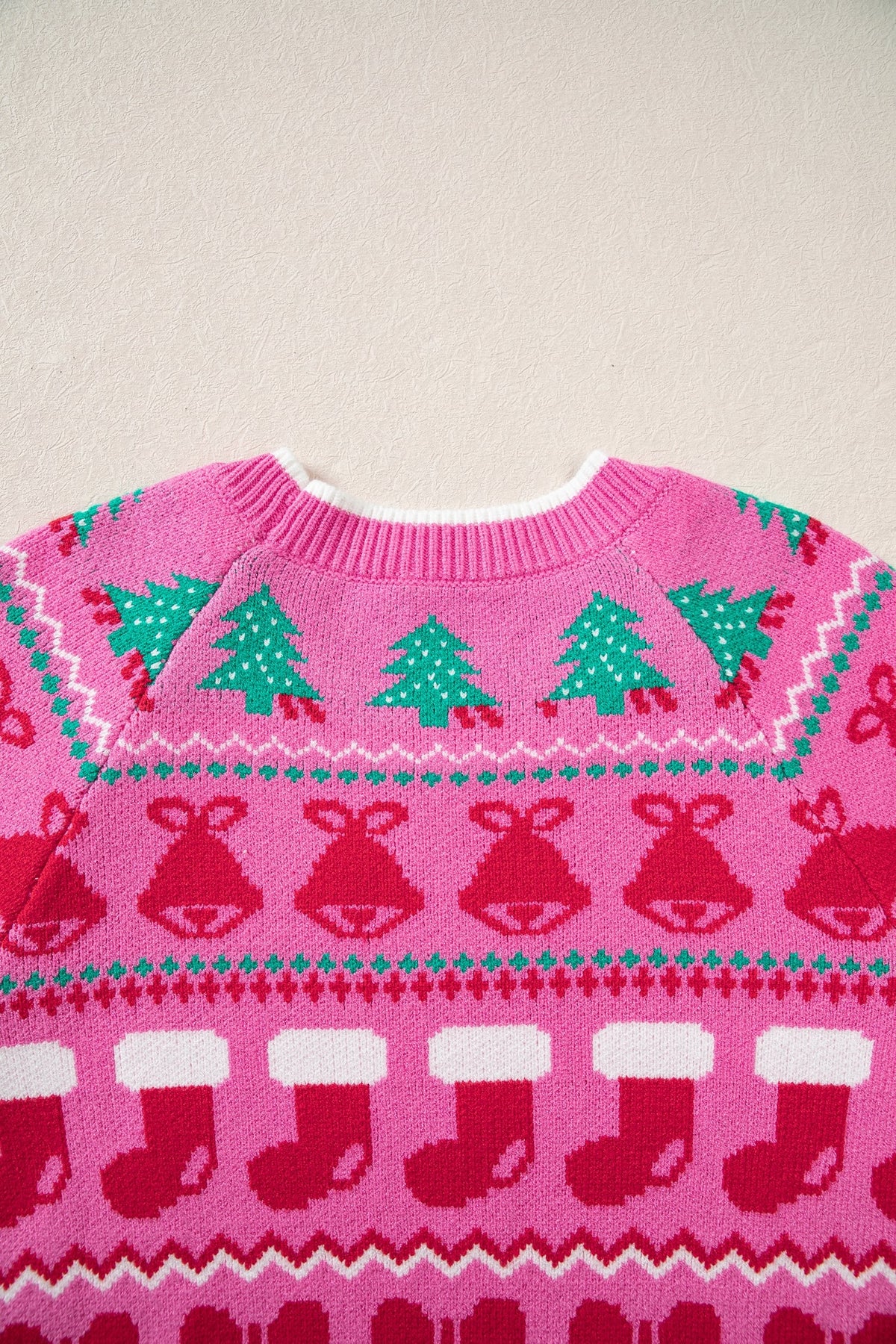 Pink Christmas Holiday Graphic Round Neck Knit Sweater