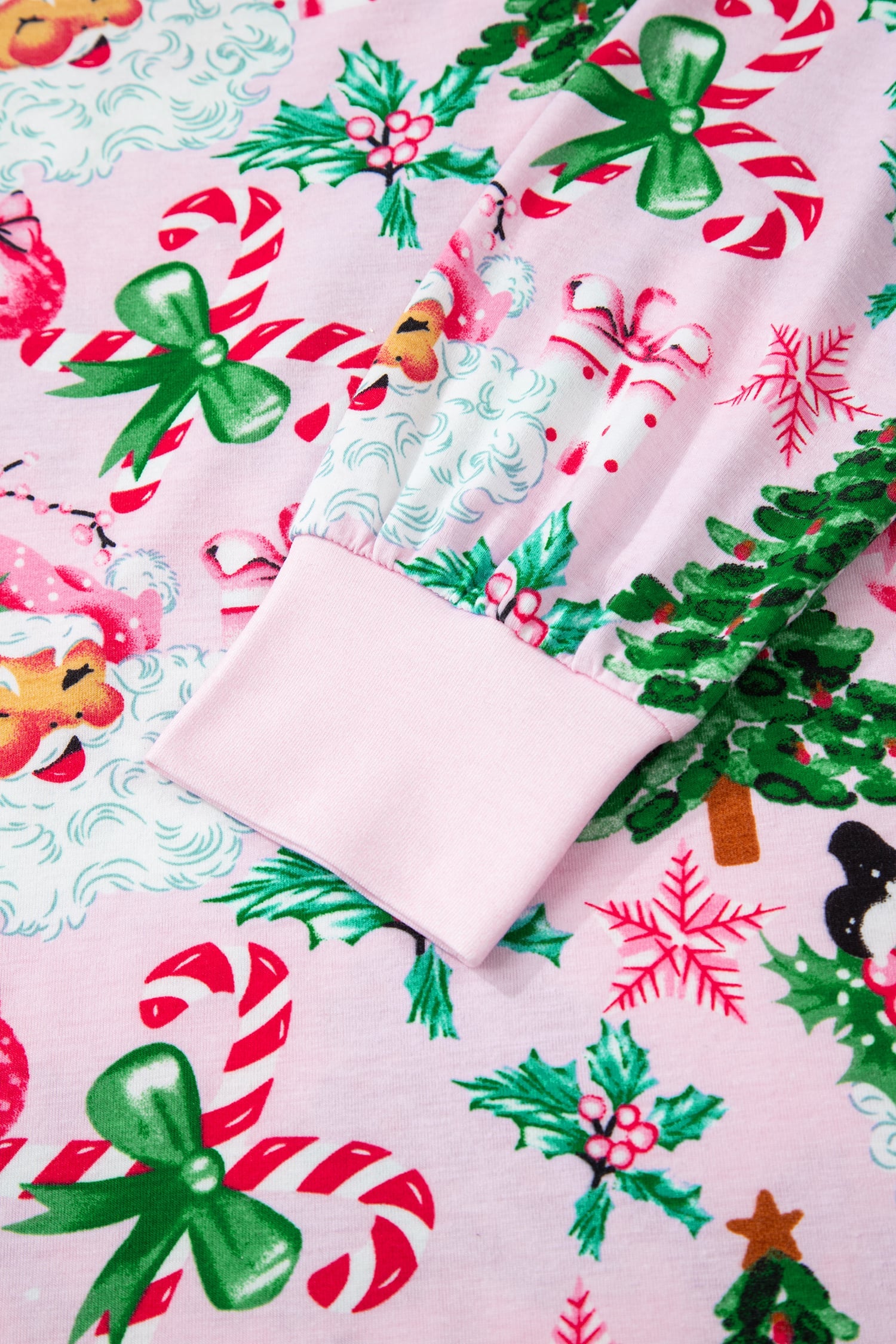 Pink Christmas Pattern Button V Neck Pullover Drawstring Pants 2pcs Lounge Set