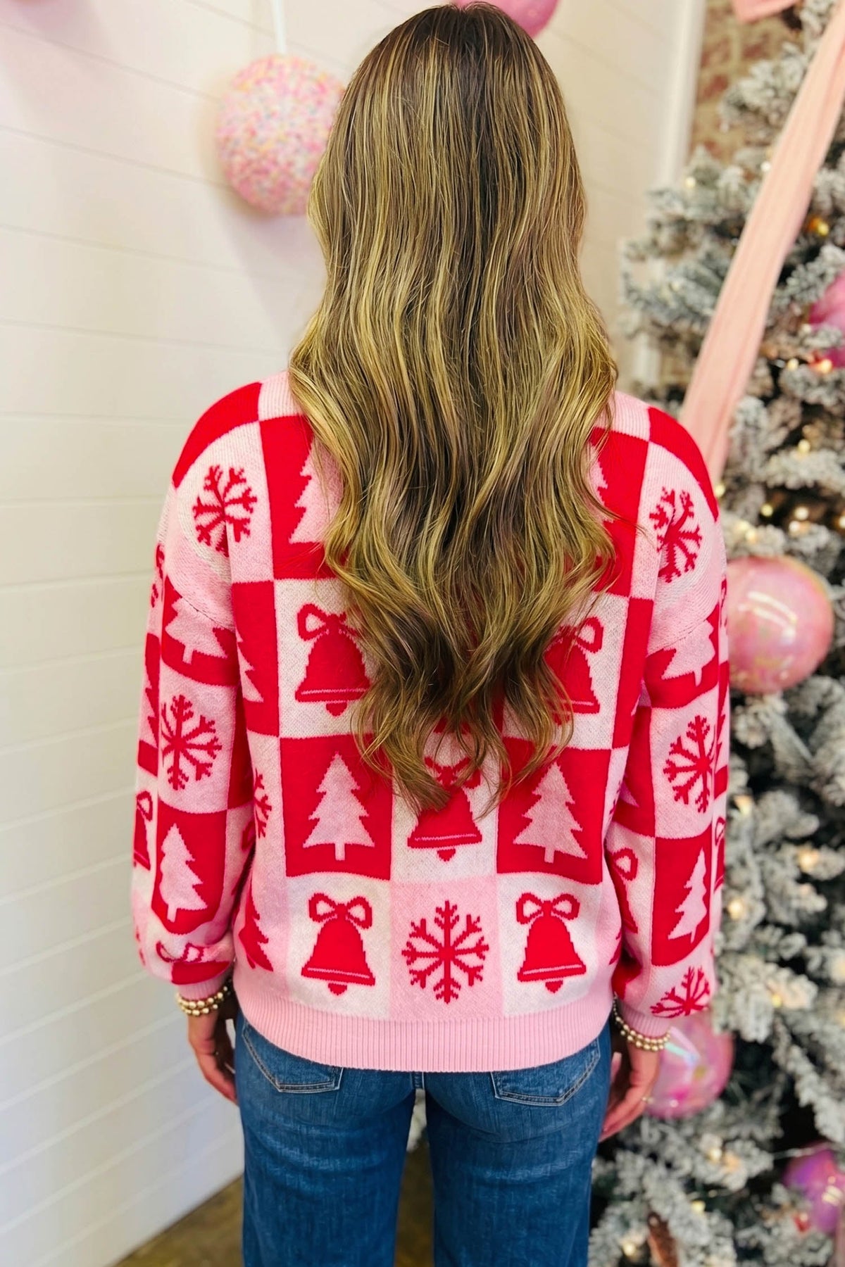 Pink Christmas Plaid Pullover Round Neck Long Sleeve Casual Fit Tunic Knitwear Sweater