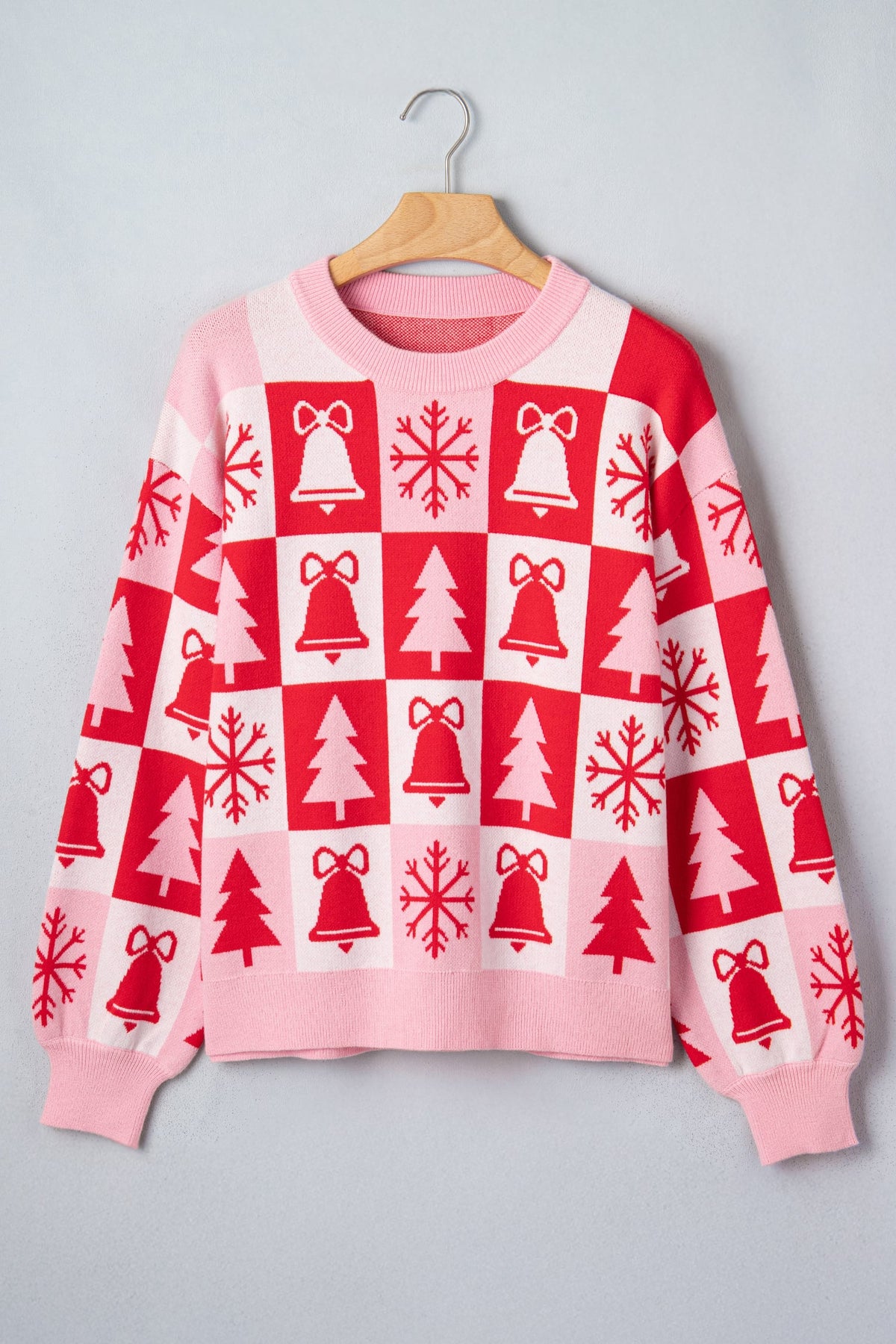 Pink Christmas Plaid Pullover Round Neck Long Sleeve Casual Fit Tunic Knitwear Sweater