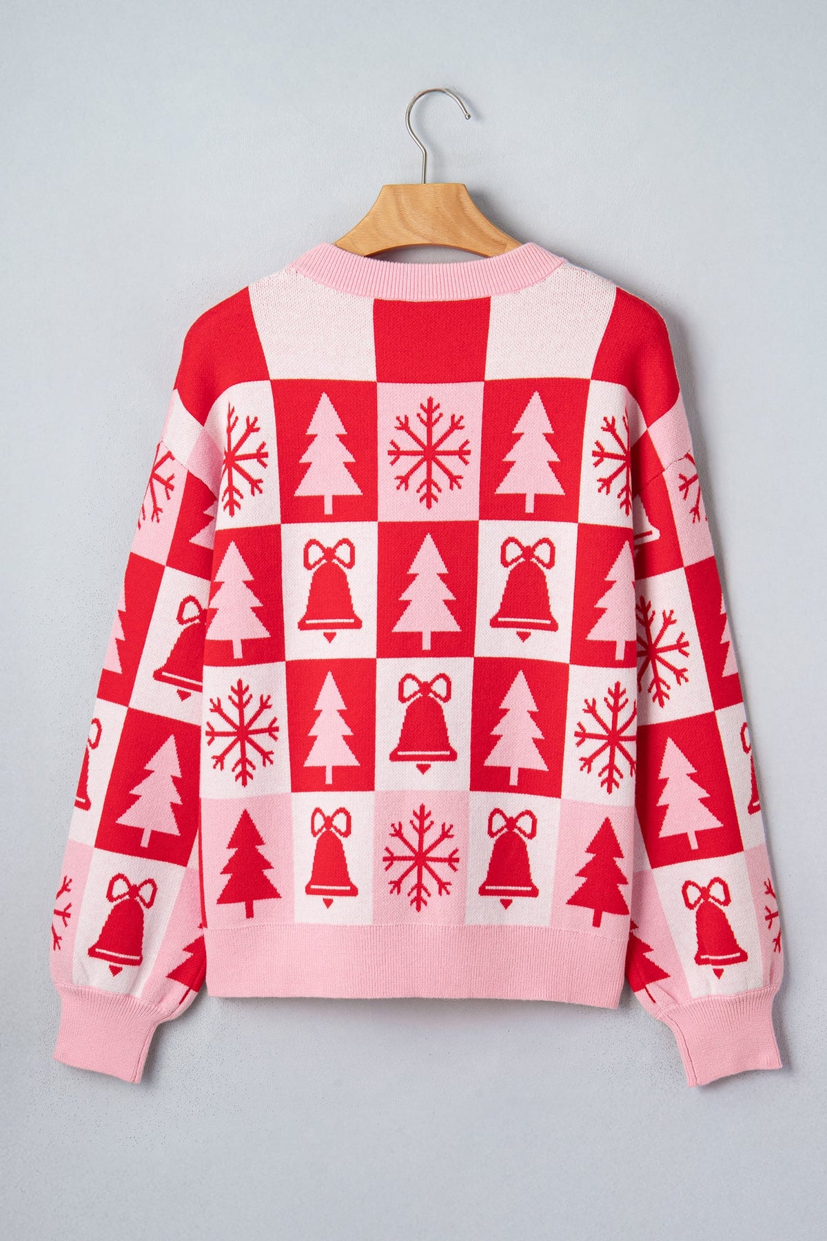 Pink Christmas Plaid Pullover Round Neck Long Sleeve Casual Fit Tunic Knitwear Sweater