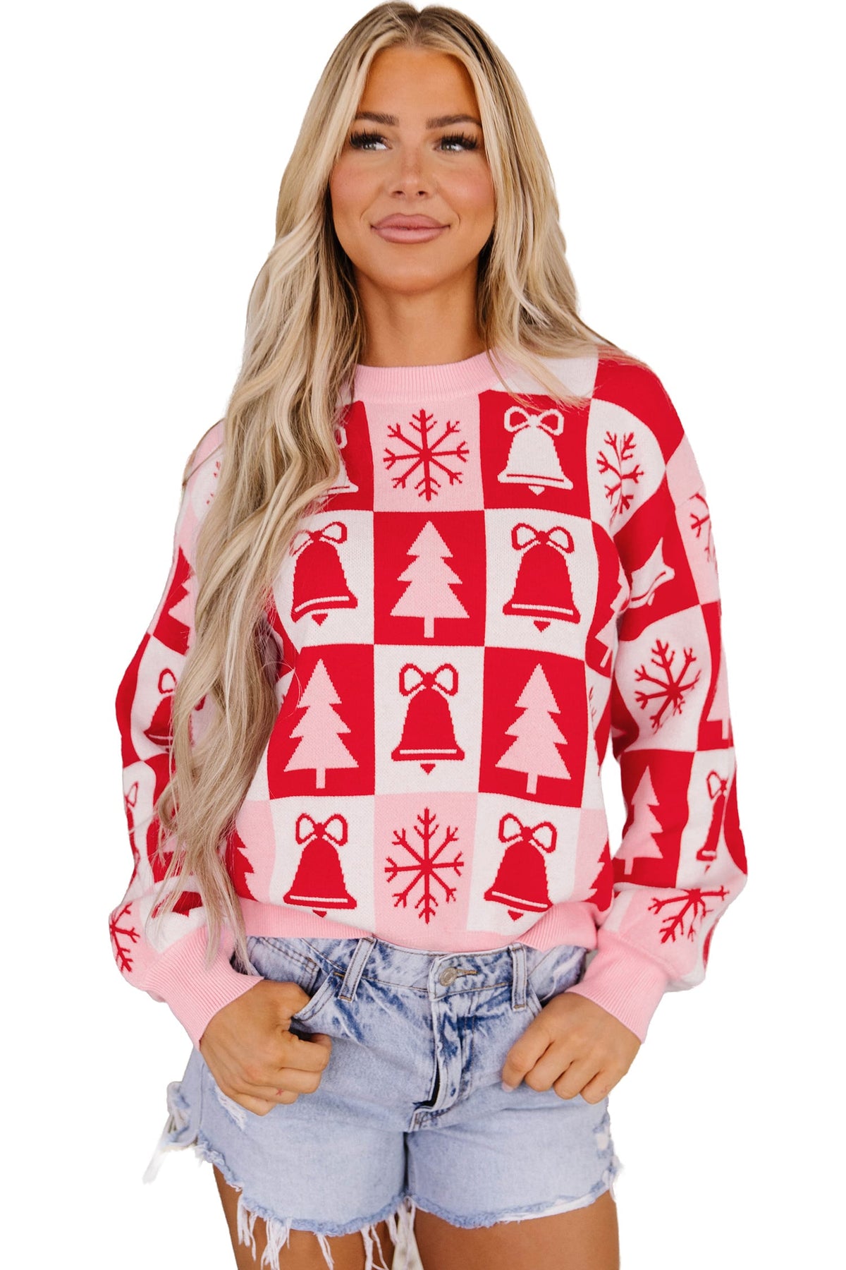 Pink Christmas Plaid Pullover Round Neck Long Sleeve Casual Fit Tunic Knitwear Sweater