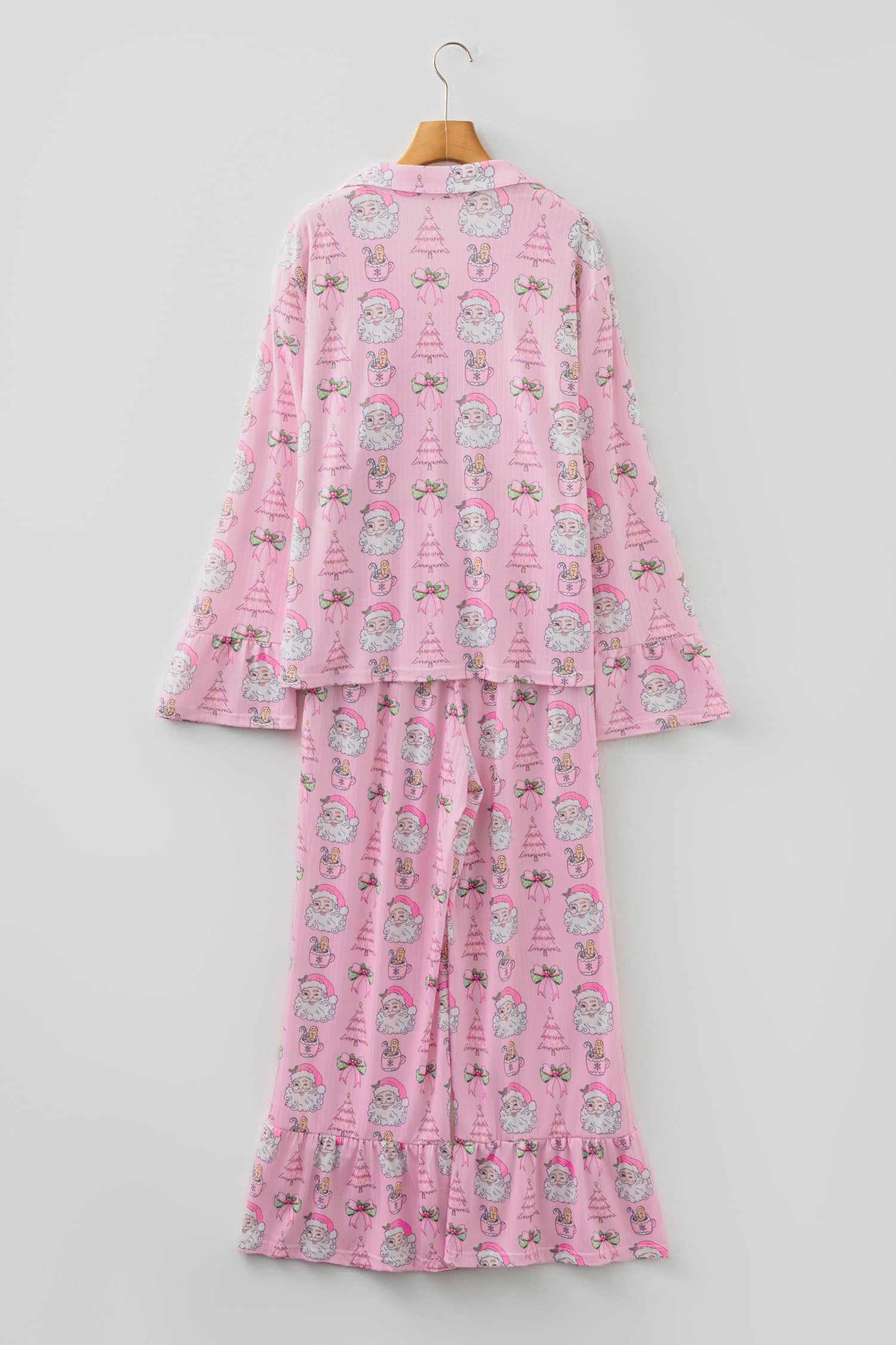 Pink Christmas Print Ruffled Ribbed Shirt & Pants 2 Piece PJ Set
