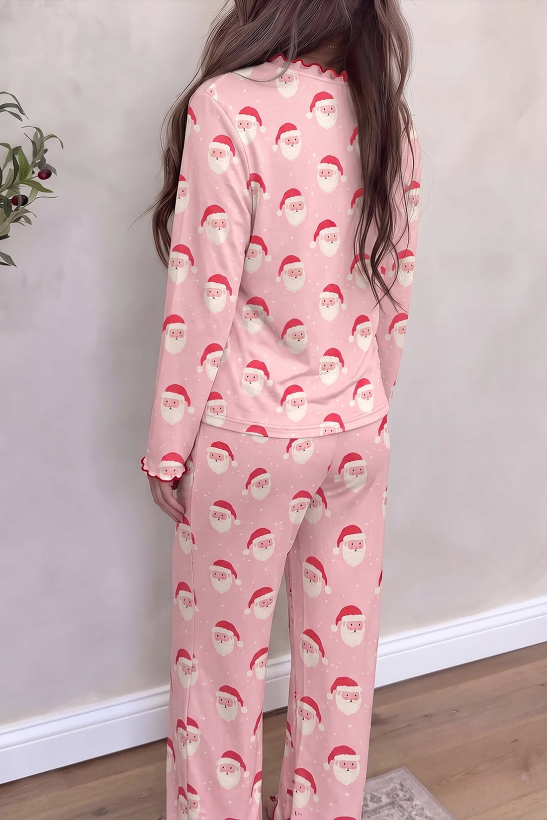 Pink Christmas Santa Print Frilled Button Front Long Sleeve Top Lounge Pant Set