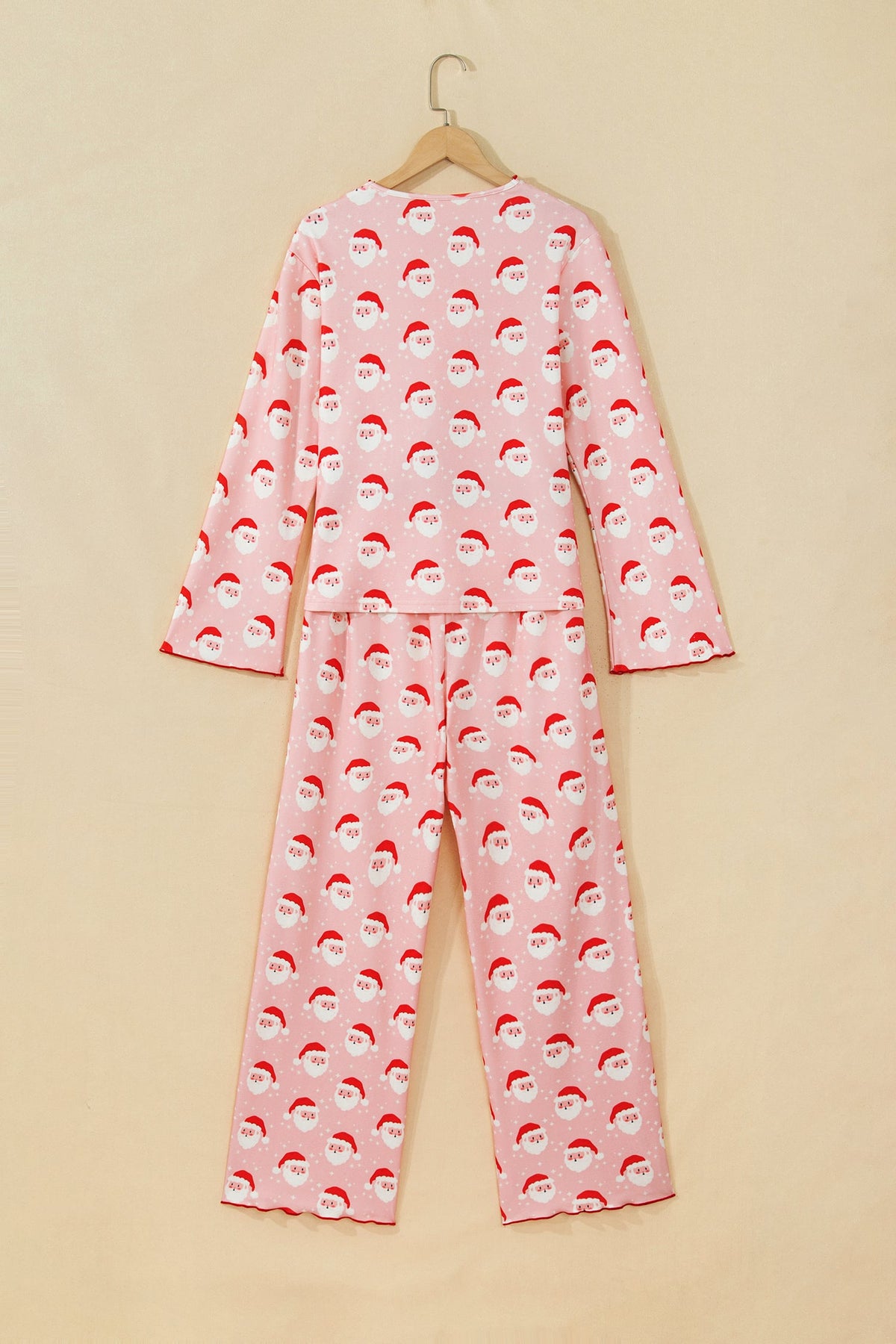 Pink Christmas Santa Print Frilled Button Front Long Sleeve Top Lounge Pant Set
