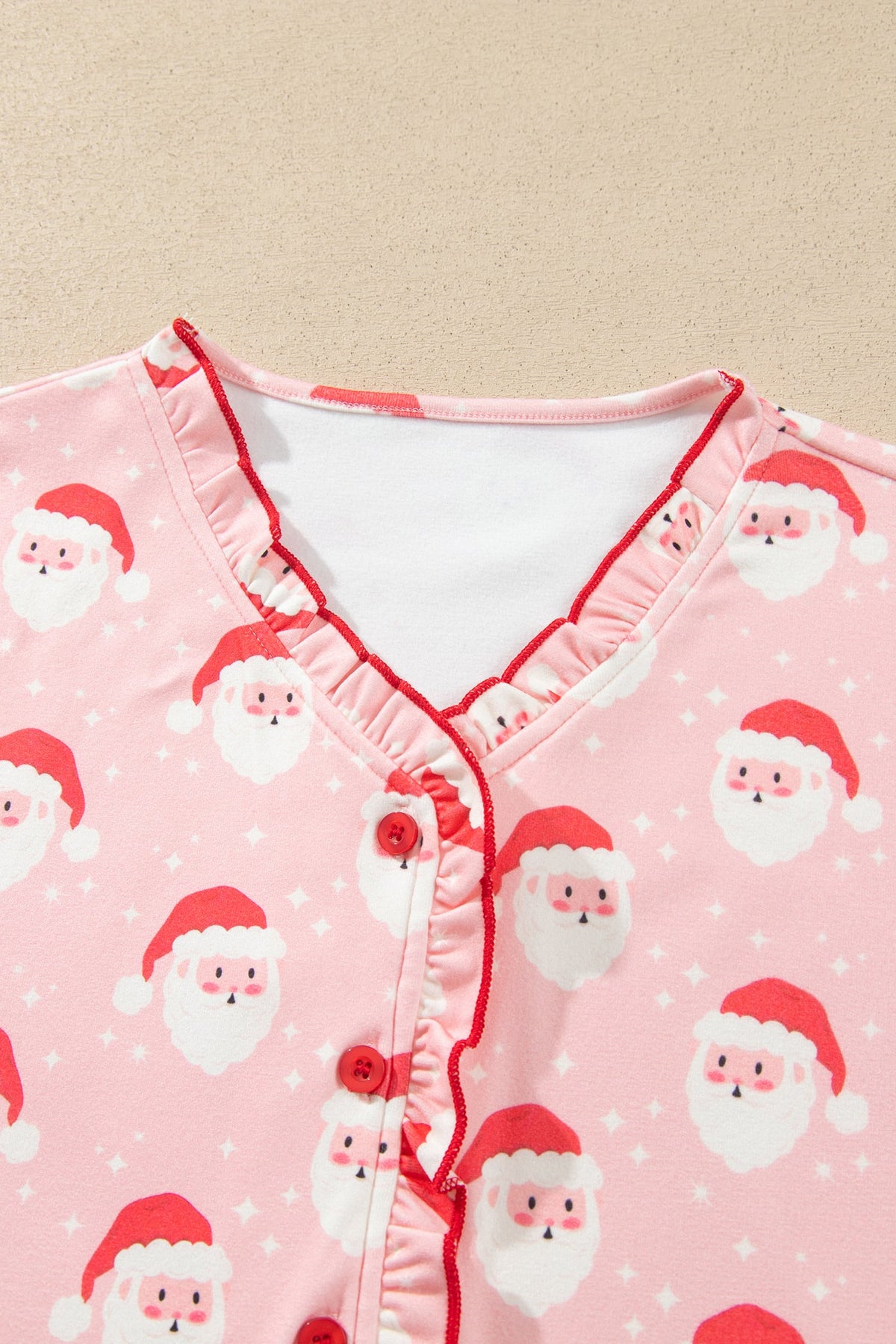 Pink Christmas Santa Print Frilled Button Front Long Sleeve Top Lounge Pant Set