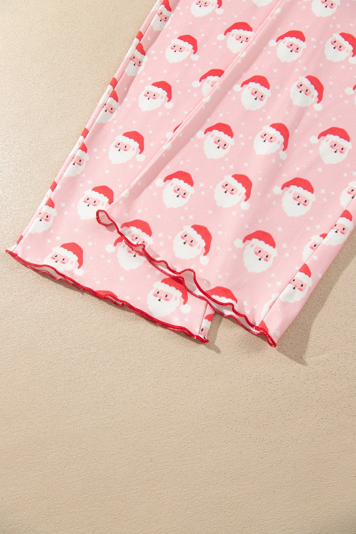 Pink Christmas Santa Print Frilled Button Front Long Sleeve Top Lounge Pant Set