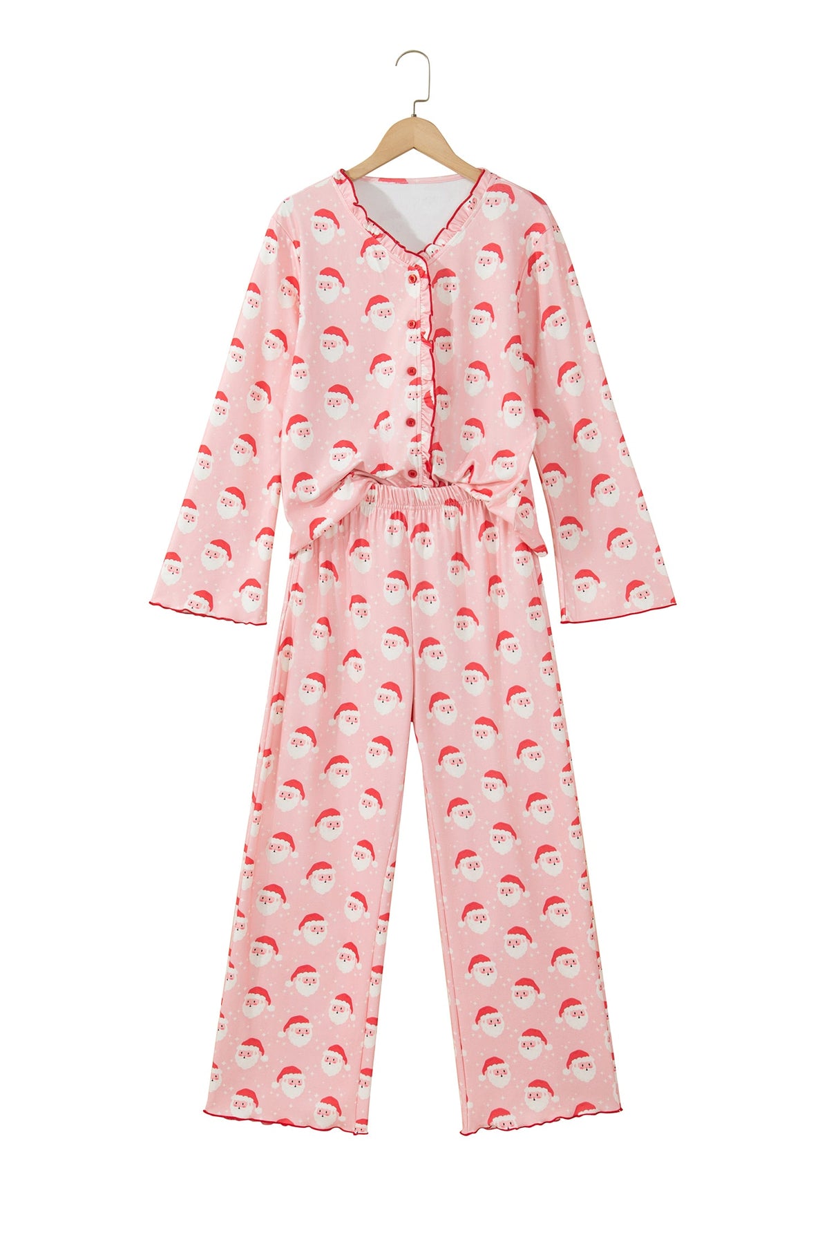Pink Christmas Santa Print Frilled Button Front Long Sleeve Top Lounge Pant Set