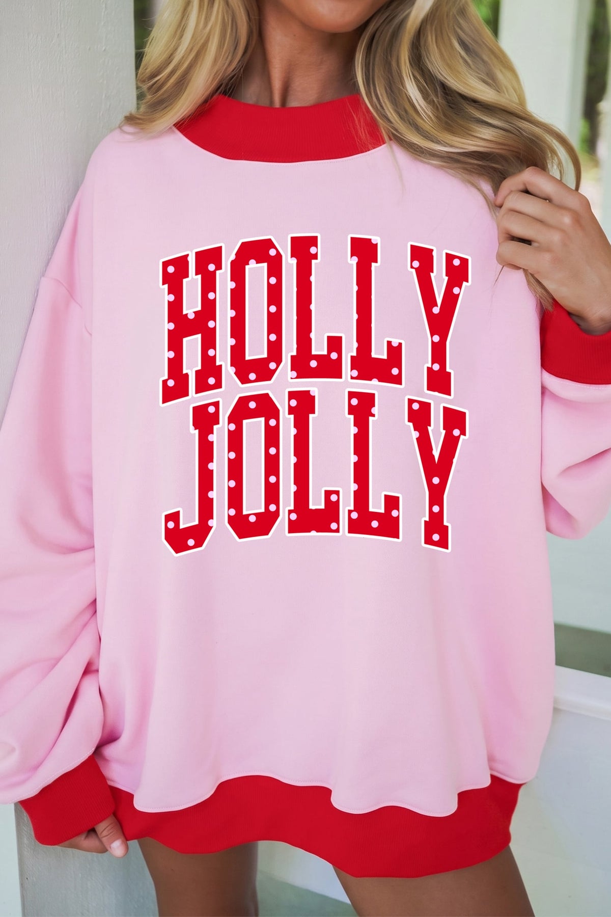 Pink Christmas Slogan HOLLY JOLLY High Neck Tunic Sweatshirt