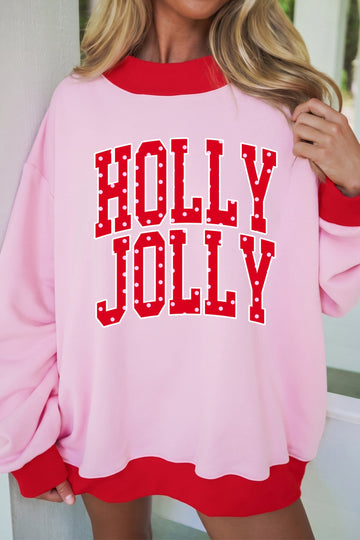 Pink Christmas Slogan HOLLY JOLLY High Neck Tunic Sweatshirt
