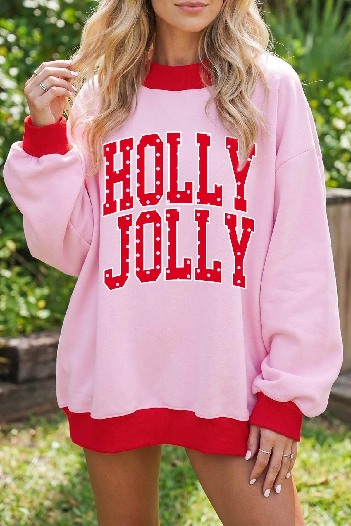 Pink Christmas Slogan HOLLY JOLLY High Neck Tunic Sweatshirt
