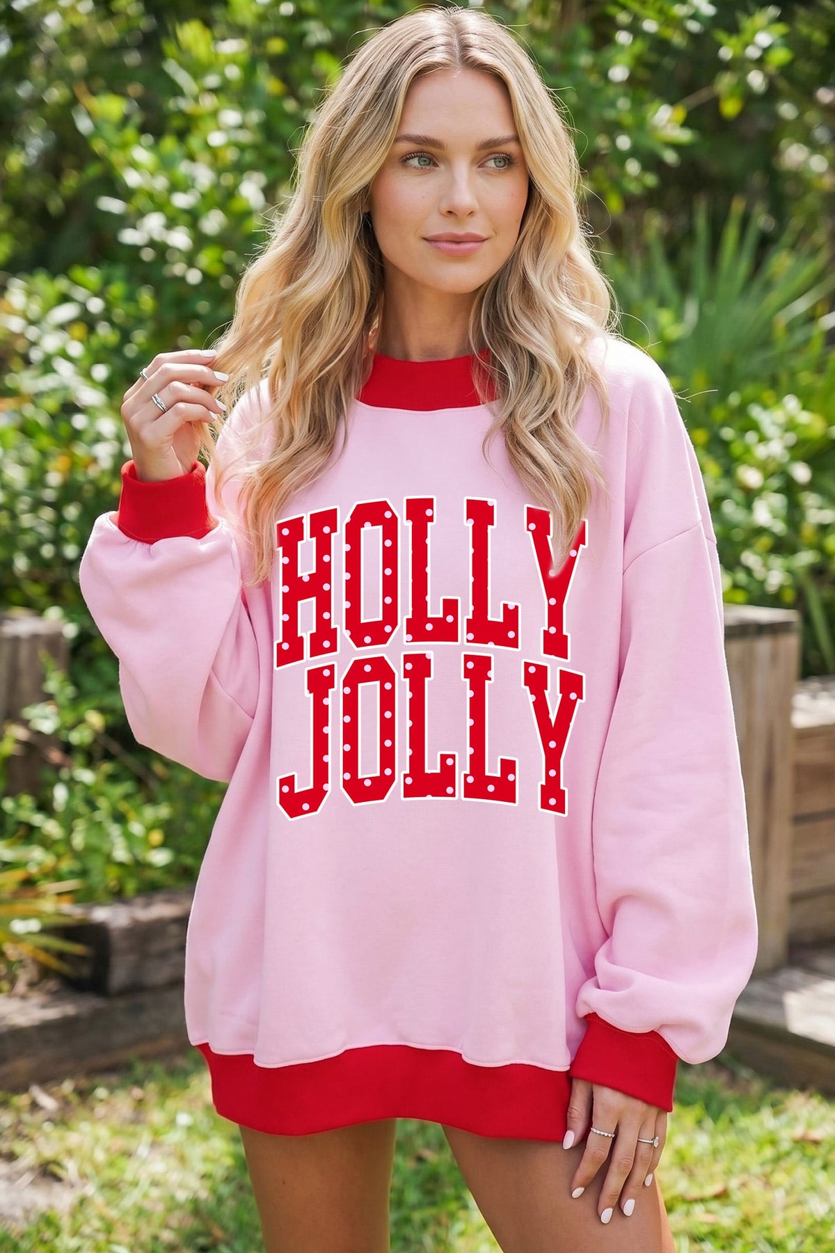 Pink Christmas Slogan HOLLY JOLLY High Neck Tunic Sweatshirt
